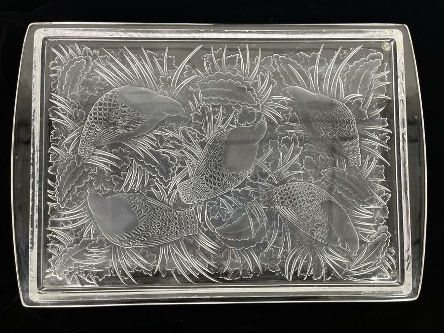 Signed Lalique Crystal France Large Serving Tray Platter Featuring Birds Partridges 18 X 12 Estimate $500-$1,500 [Photo 5]