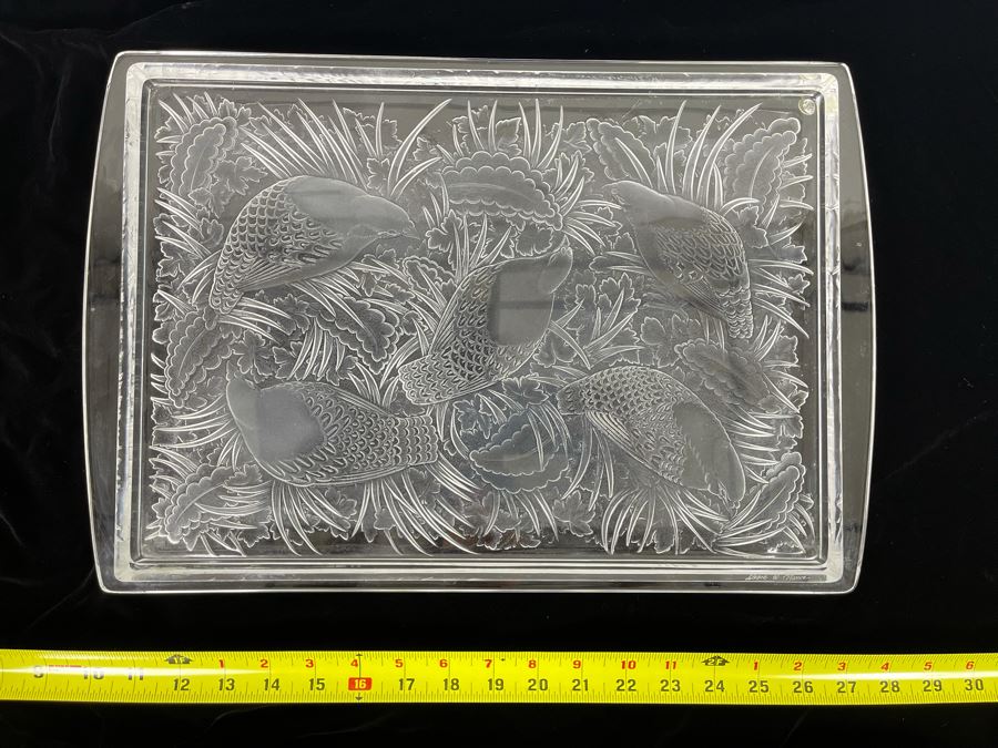 Signed Lalique Crystal France Large Serving Tray Platter Featuring Birds Partridges 18 X 12 Estimate $500-$1,500 [Photo 1]