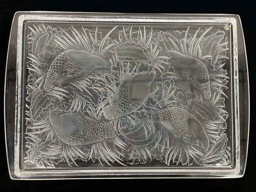 Signed Lalique Crystal France Large Serving Tray Platter Featuring Birds Partridges 18 X 12 Estimate $500-$1,500 [Photo 4]