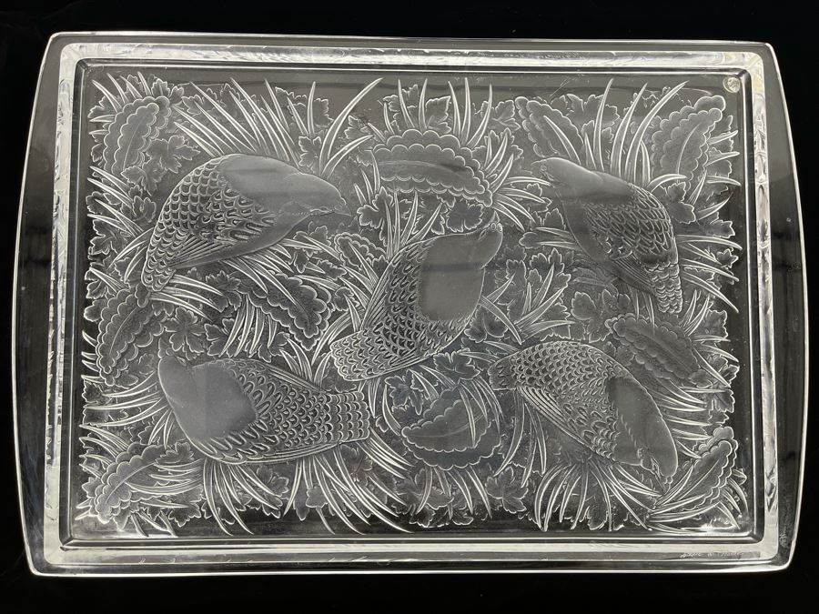 Signed Lalique Crystal France Large Serving Tray Platter Featuring Birds Partridges 18 X 12 Estimate $500-$1,500 [Photo 3]
