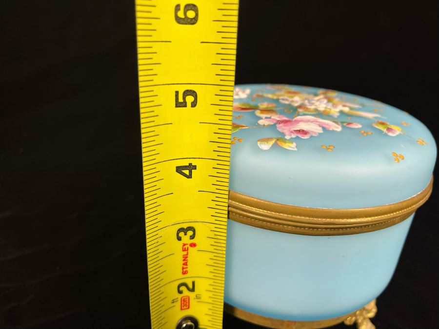 Vintage Hand Painted Glass And Gilt Metal Footed Vanity Table Powder Box 5R X 4H [Photo 11]