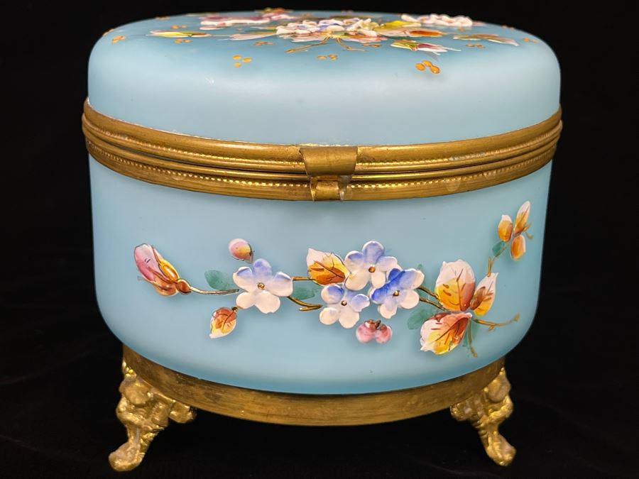 Vintage Hand Painted Glass And Gilt Metal Footed Vanity Table Powder Box 5R X 4H [Photo 5]