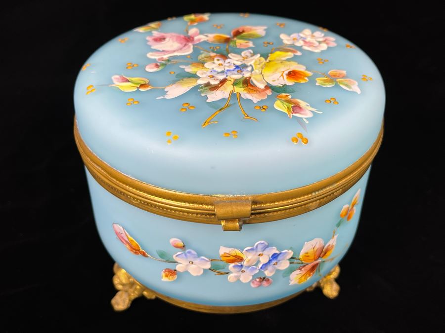 Vintage Hand Painted Glass And Gilt Metal Footed Vanity Table Powder Box 5R X 4H