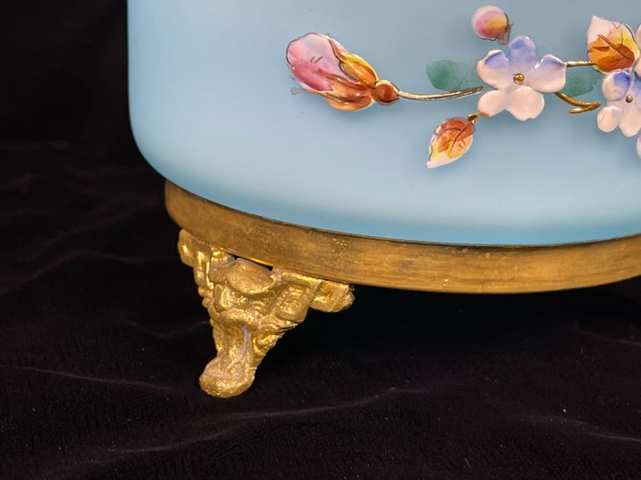 Vintage Hand Painted Glass And Gilt Metal Footed Vanity Table Powder Box 5R X 4H [Photo 6]