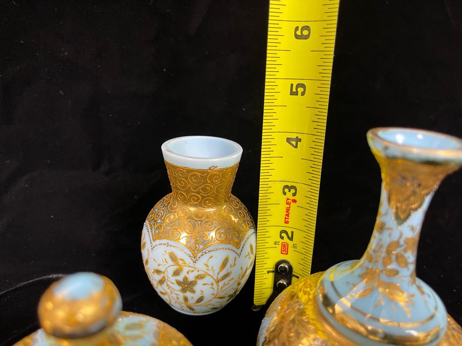 Collection Of Vintage Hand Painted Gold Decorated Blue Glass Vases And Jars 3.5H-5H [Photo 11]