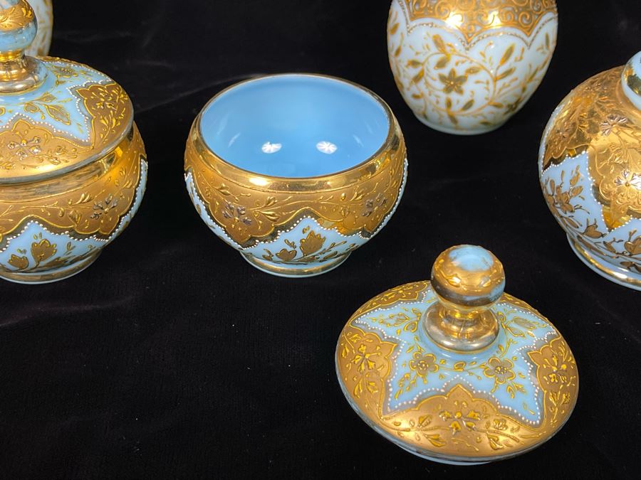 Collection Of Vintage Hand Painted Gold Decorated Blue Glass Vases And Jars 3.5H-5H [Photo 7]