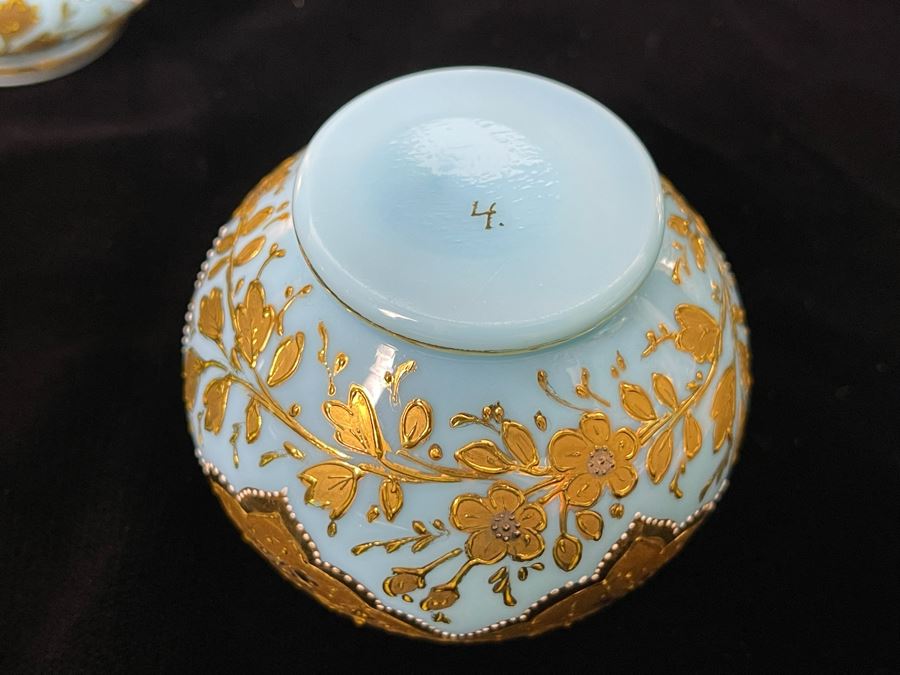 Collection Of Vintage Hand Painted Gold Decorated Blue Glass Vases And Jars 3.5H-5H [Photo 9]