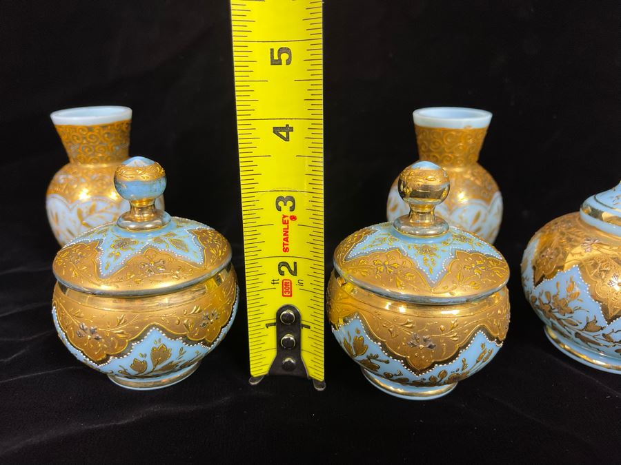 Collection Of Vintage Hand Painted Gold Decorated Blue Glass Vases And Jars 3.5H-5H [Photo 12]