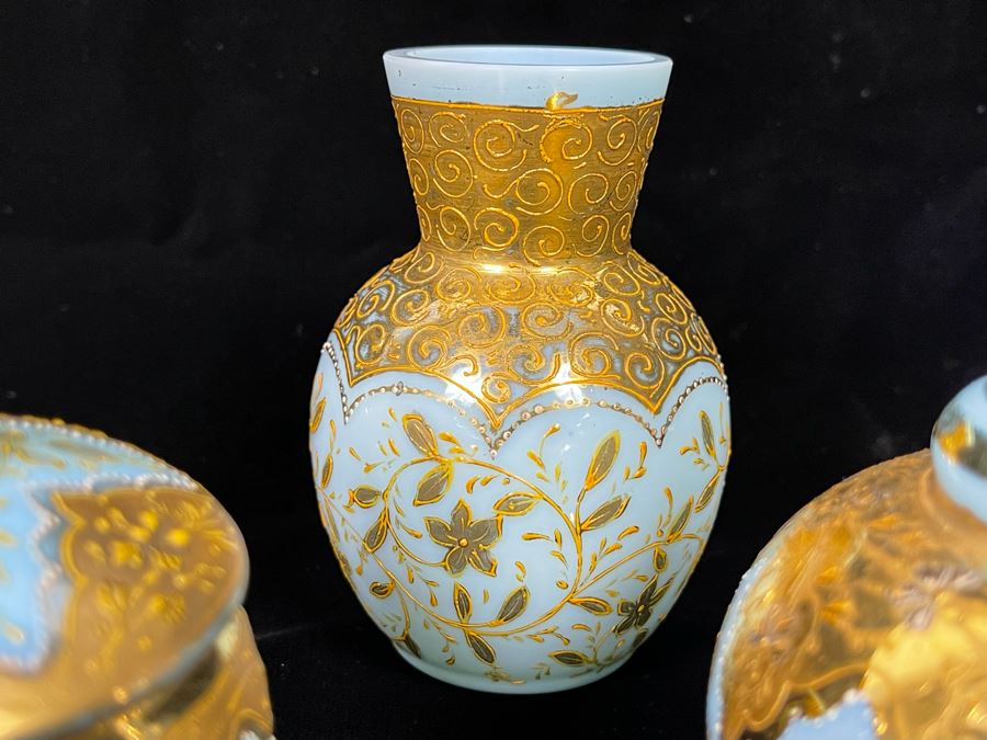 Collection Of Vintage Hand Painted Gold Decorated Blue Glass Vases And Jars 3.5H-5H [Photo 6]