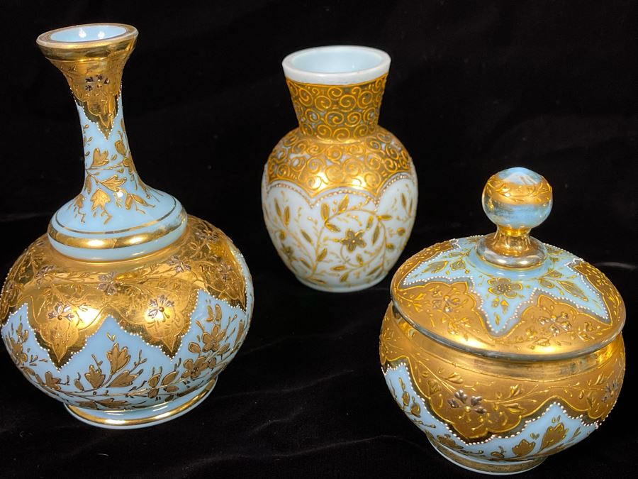 Collection Of Vintage Hand Painted Gold Decorated Blue Glass Vases And Jars 3.5H-5H [Photo 8]