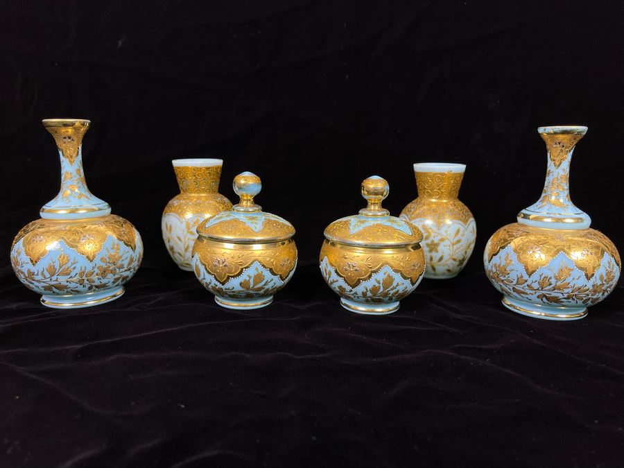 Collection Of Vintage Hand Painted Gold Decorated Blue Glass Vases And Jars 3.5H-5H [Photo 3]