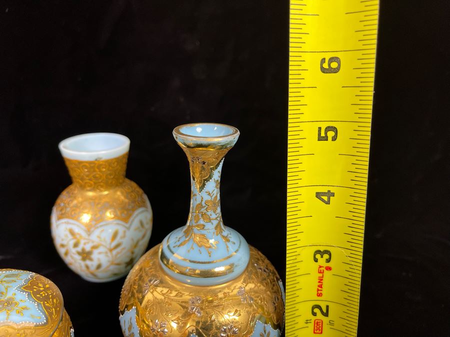 Collection Of Vintage Hand Painted Gold Decorated Blue Glass Vases And Jars 3.5H-5H [Photo 10]