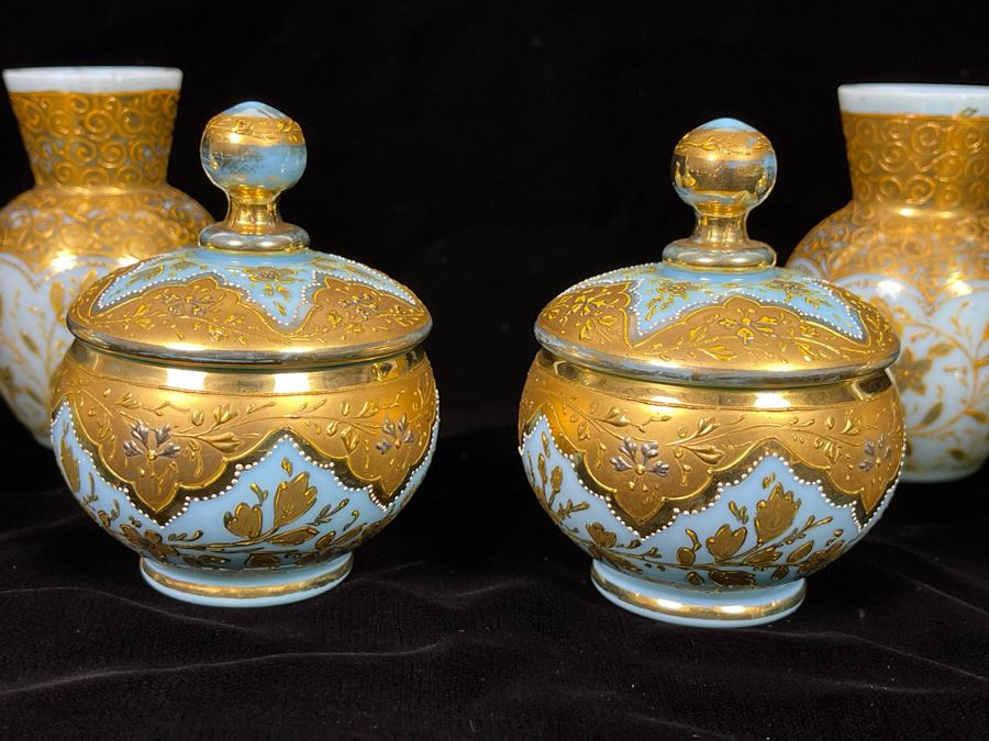 Collection Of Vintage Hand Painted Gold Decorated Blue Glass Vases And Jars 3.5H-5H [Photo 4]