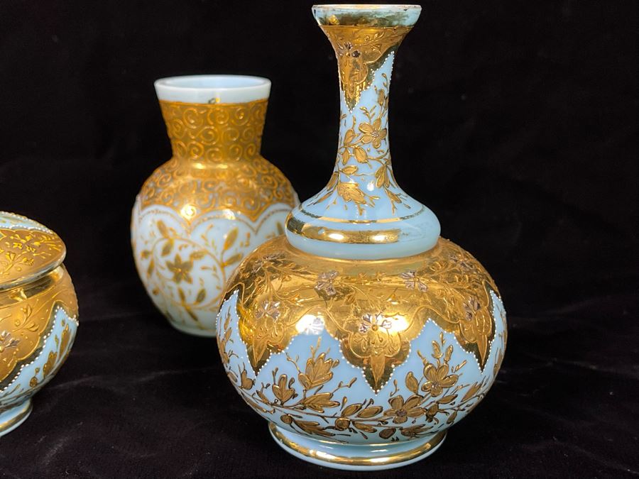 Collection Of Vintage Hand Painted Gold Decorated Blue Glass Vases And Jars 3.5H-5H [Photo 5]