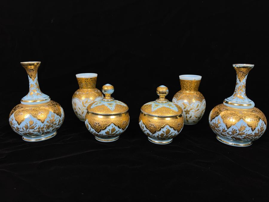 Collection Of Vintage Hand Painted Gold Decorated Blue Glass Vases And Jars 3.5H-5H [Photo 2]