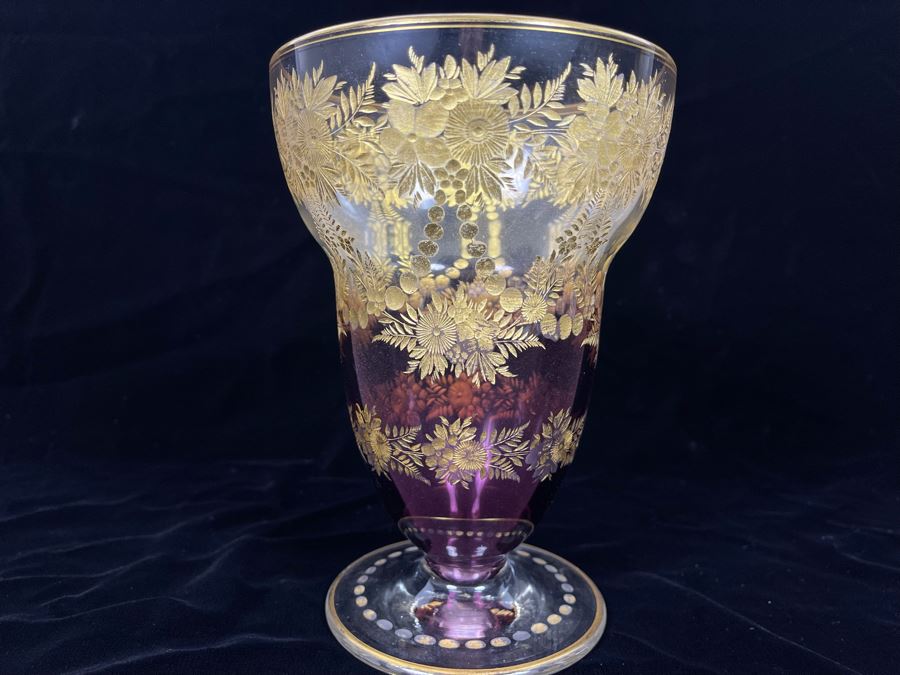 Vintage Hand Painted Gold Etched Glass Footed Graduated Purple Vase 7.5H [Photo 2]