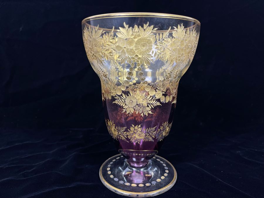 Vintage Hand Painted Gold Etched Glass Footed Graduated Purple Vase 7.5H