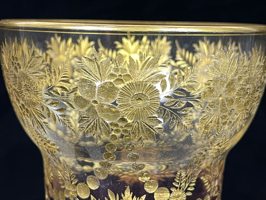 Vintage Hand Painted Gold Etched Glass Footed Graduated Purple Vase 7.5H [Photo 4]