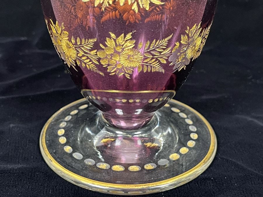 Vintage Hand Painted Gold Etched Glass Footed Graduated Purple Vase 7.5H [Photo 6]