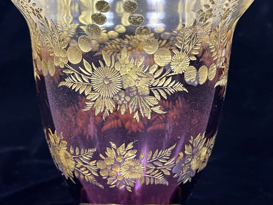 Vintage Hand Painted Gold Etched Glass Footed Graduated Purple Vase 7.5H [Photo 5]