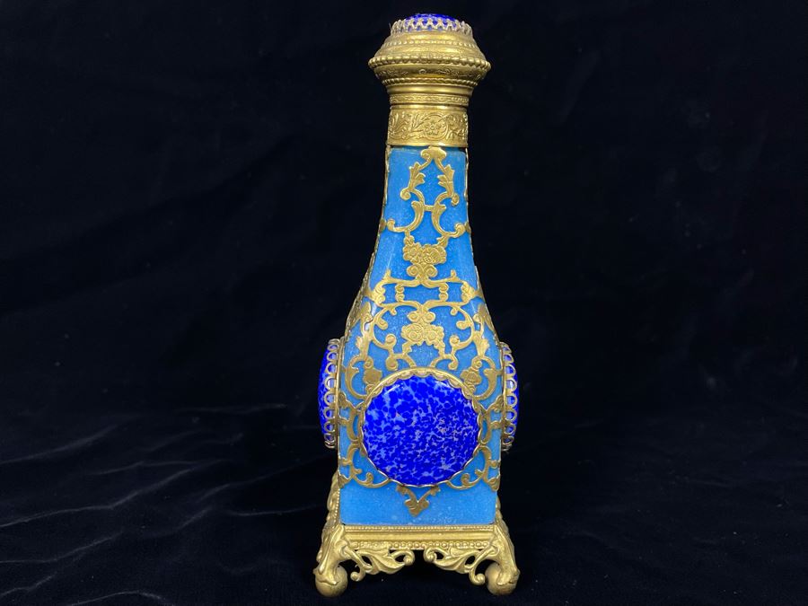 Impressive Glass And Gilt Metal Overlay Bottle With Hinged Top 7H