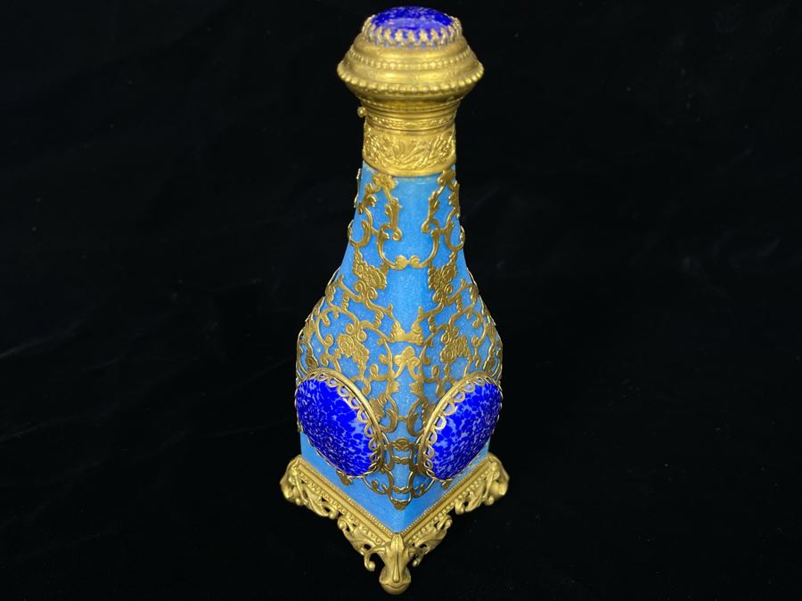 Impressive Glass And Gilt Metal Overlay Bottle With Hinged Top 7H [Photo 4]