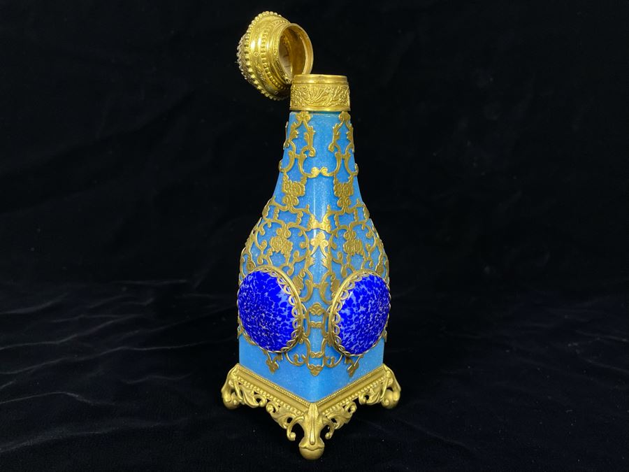 Impressive Glass And Gilt Metal Overlay Bottle With Hinged Top 7H [Photo 2]
