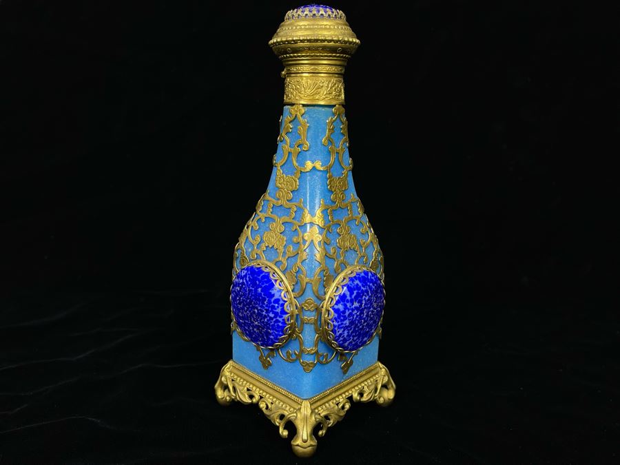 Impressive Glass And Gilt Metal Overlay Bottle With Hinged Top 7H [Photo 3]