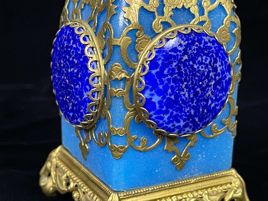 Impressive Glass And Gilt Metal Overlay Bottle With Hinged Top 7H [Photo 7]