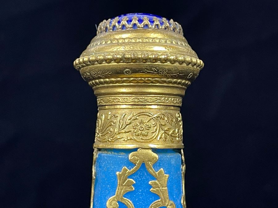 Impressive Glass And Gilt Metal Overlay Bottle With Hinged Top 7H [Photo 12]