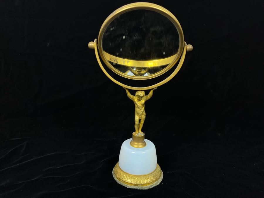 Vintage Vanity Mirror With Gilt Metal Child Holding Up Adjustable Mirror On Glass Base 10H