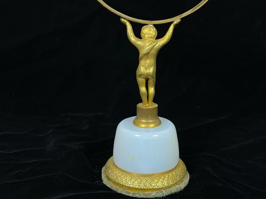 Vintage Vanity Mirror With Gilt Metal Child Holding Up Adjustable Mirror On Glass Base 10H [Photo 5]