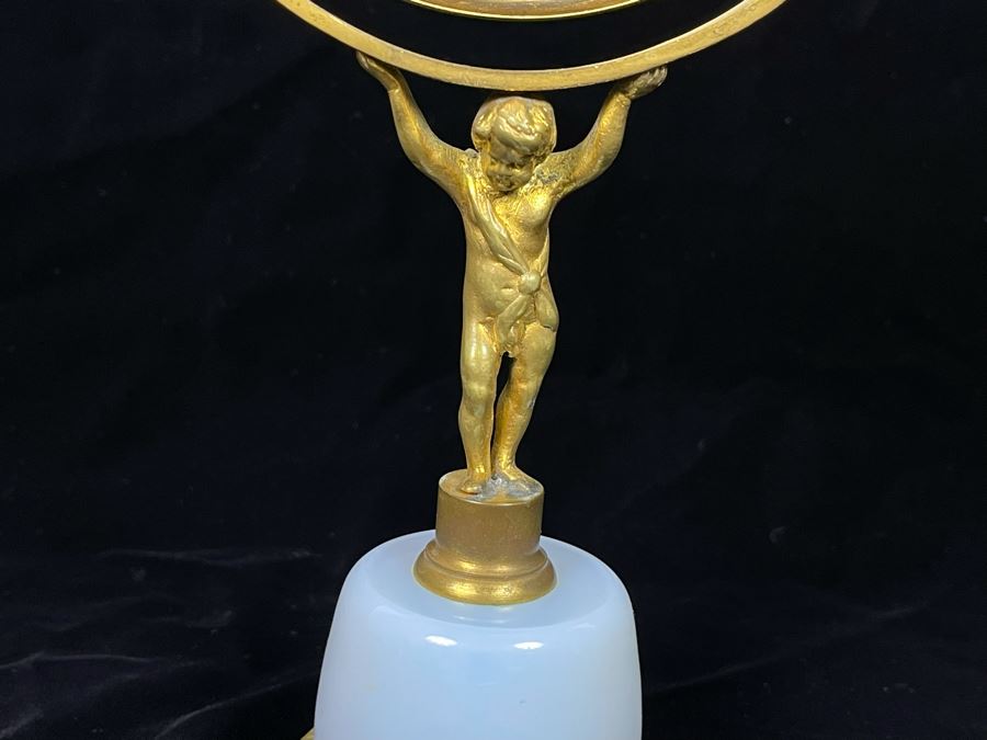 Vintage Vanity Mirror With Gilt Metal Child Holding Up Adjustable Mirror On Glass Base 10H [Photo 3]