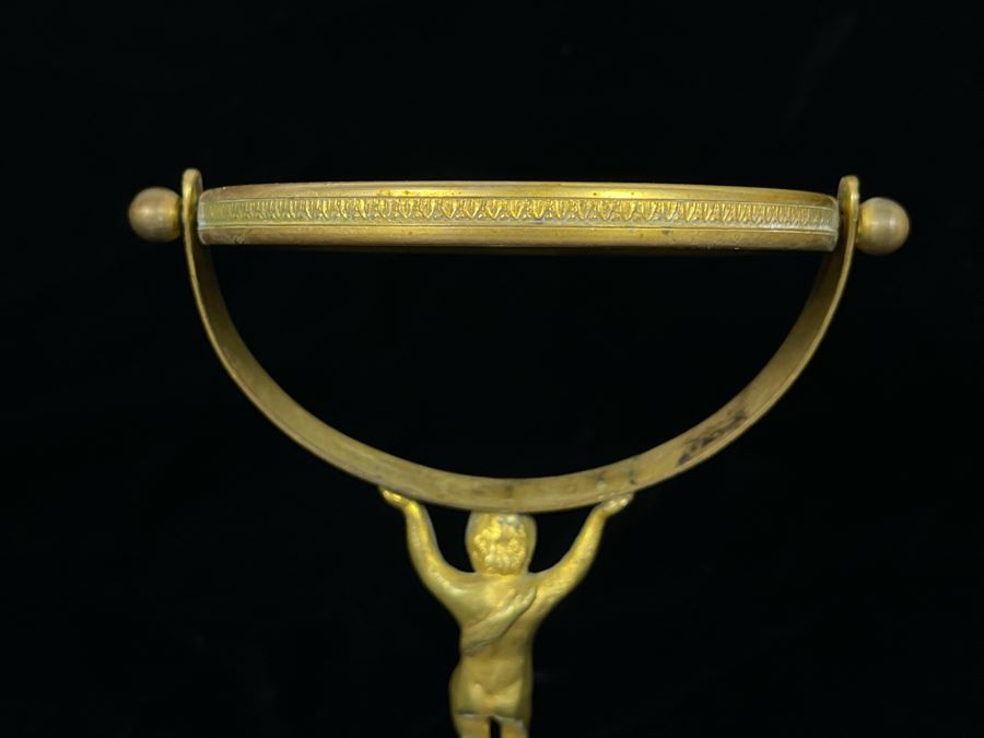 Vintage Vanity Mirror With Gilt Metal Child Holding Up Adjustable Mirror On Glass Base 10H [Photo 6]