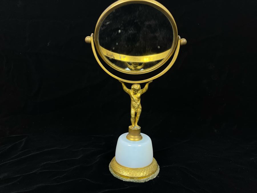 Vintage Vanity Mirror With Gilt Metal Child Holding Up Adjustable Mirror On Glass Base 10H [Photo 2]