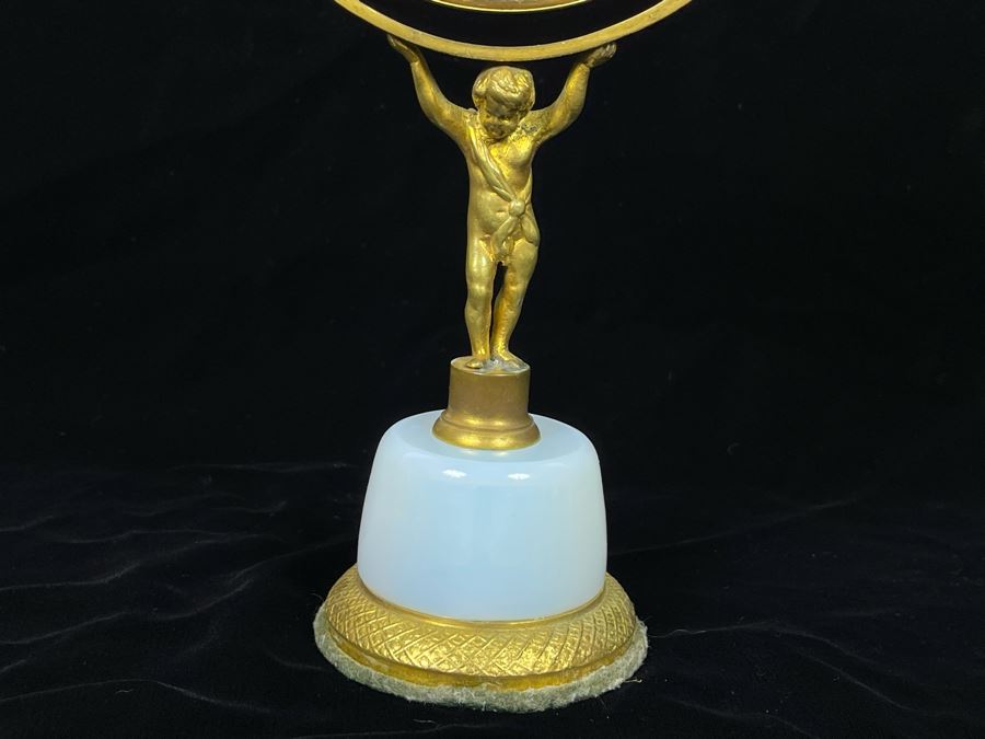 Vintage Vanity Mirror With Gilt Metal Child Holding Up Adjustable Mirror On Glass Base 10H [Photo 4]