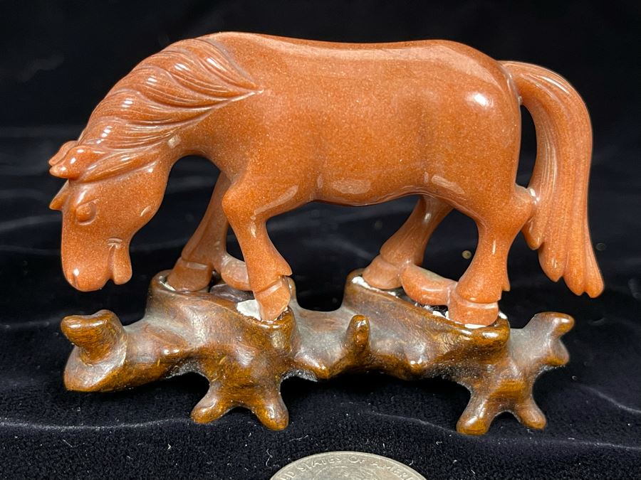 Chinese Carved Red Stone Horse On Custom Wooden Stand 3.25W X 2H [Photo 3]