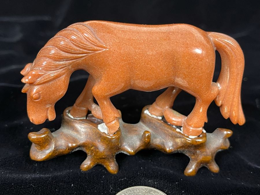 Chinese Carved Red Stone Horse On Custom Wooden Stand 3.25W X 2H [Photo 4]