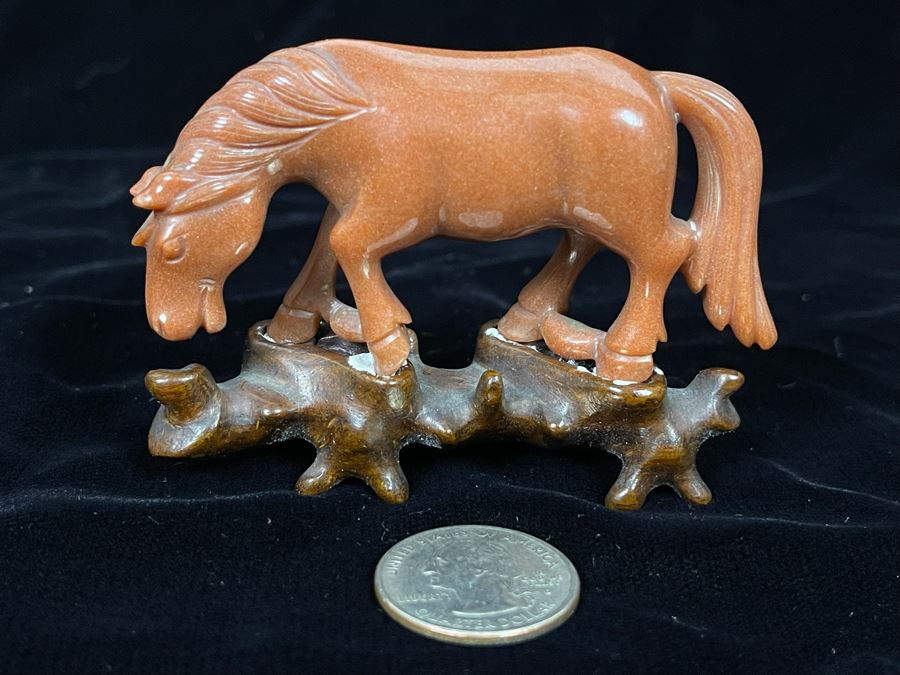 Chinese Carved Red Stone Horse On Custom Wooden Stand 3.25W X 2H [Photo 2]