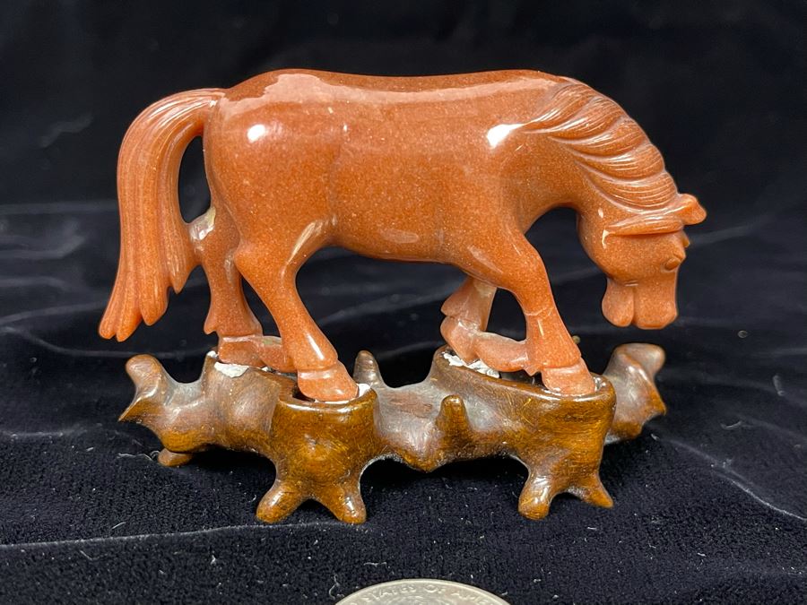 Chinese Carved Red Stone Horse On Custom Wooden Stand 3.25W X 2H [Photo 6]