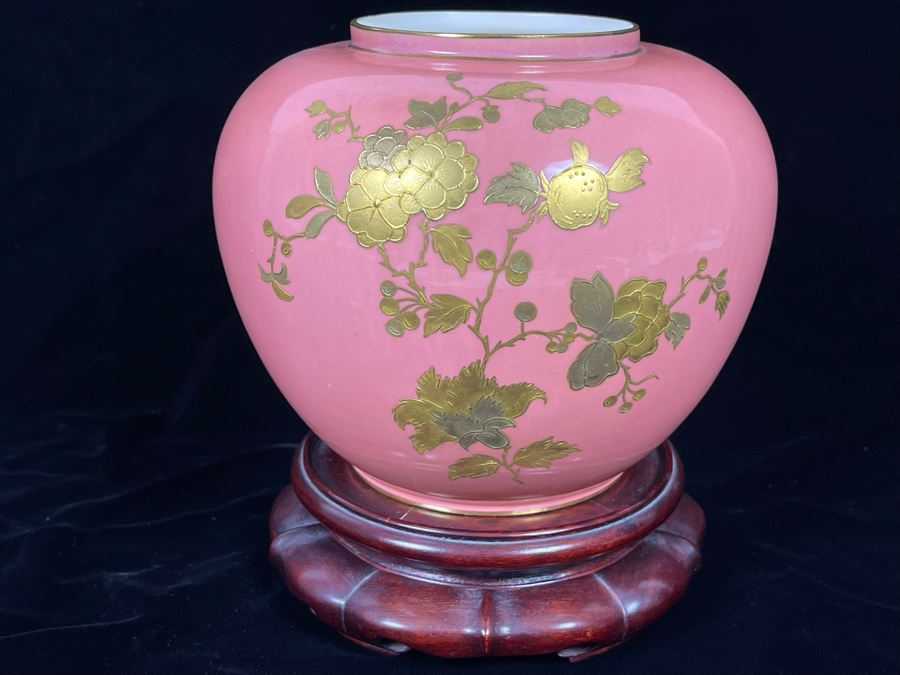 Beautifully Hand Painted Vintage Salmon Porcelain Vase With Gold Floral Decorations On Wooden Chinese Stand By Gilman Collamore & CO Union Square, New York 7W X 6H [Photo 8]