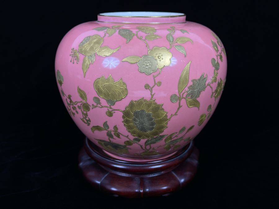 Beautifully Hand Painted Vintage Salmon Porcelain Vase With Gold Floral Decorations On Wooden Chinese Stand By Gilman Collamore & CO Union Square, New York 7W X 6H [Photo 4]