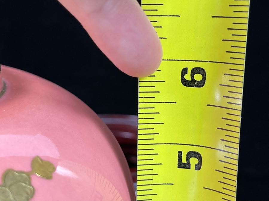 Beautifully Hand Painted Vintage Salmon Porcelain Vase With Gold Floral Decorations On Wooden Chinese Stand By Gilman Collamore & CO Union Square, New York 7W X 6H [Photo 13]