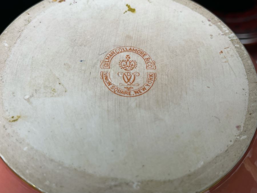 Beautifully Hand Painted Vintage Salmon Porcelain Vase With Gold Floral Decorations On Wooden Chinese Stand By Gilman Collamore & CO Union Square, New York 7W X 6H [Photo 10]