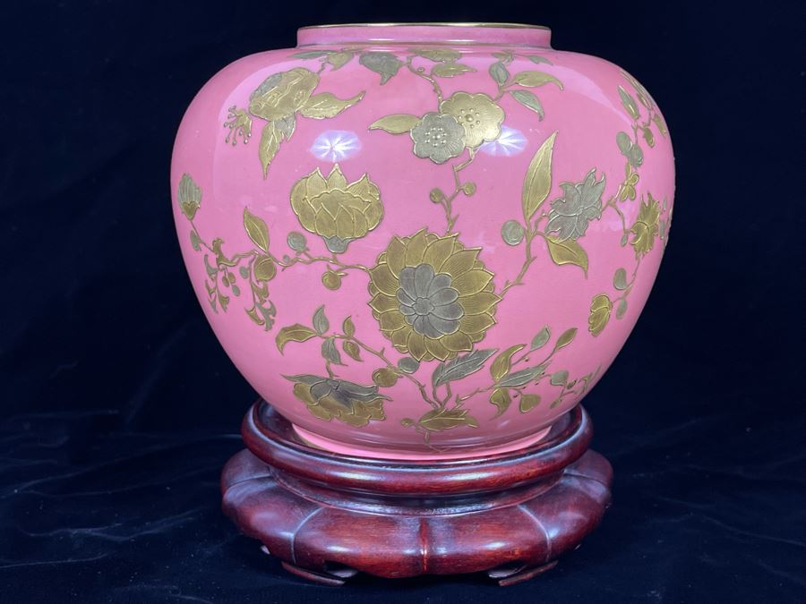 Beautifully Hand Painted Vintage Salmon Porcelain Vase With Gold Floral Decorations On Wooden Chinese Stand By Gilman Collamore & CO Union Square, New York 7W X 6H