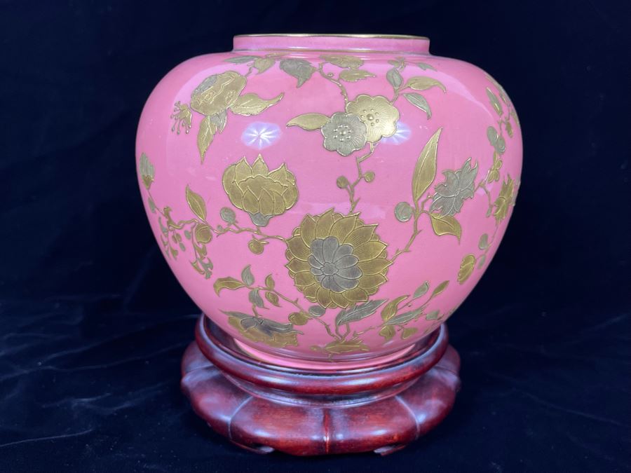 Beautifully Hand Painted Vintage Salmon Porcelain Vase With Gold Floral Decorations On Wooden Chinese Stand By Gilman Collamore & CO Union Square, New York 7W X 6H [Photo 3]