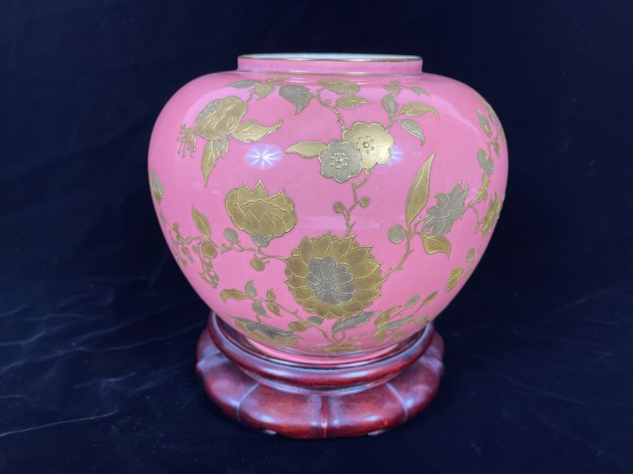 Beautifully Hand Painted Vintage Salmon Porcelain Vase With Gold Floral Decorations On Wooden Chinese Stand By Gilman Collamore & CO Union Square, New York 7W X 6H [Photo 2]
