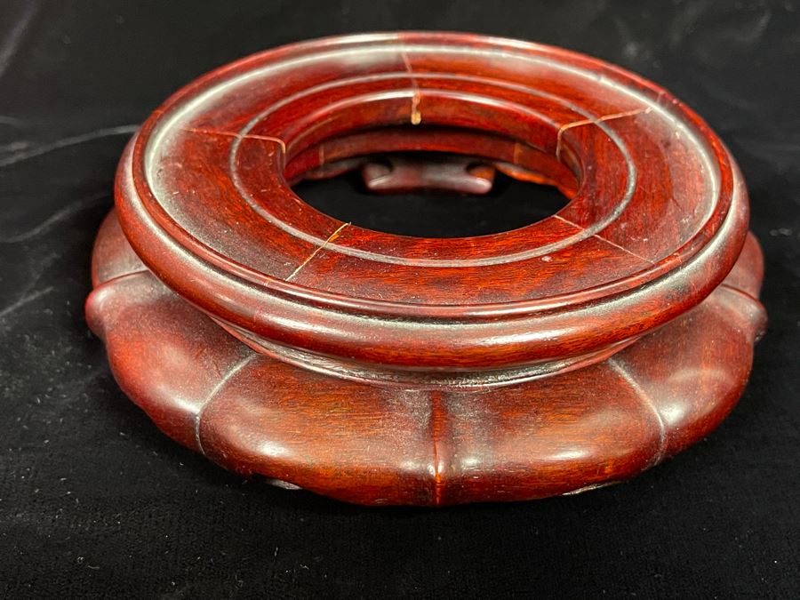 Beautifully Hand Painted Vintage Salmon Porcelain Vase With Gold Floral Decorations On Wooden Chinese Stand By Gilman Collamore & CO Union Square, New York 7W X 6H [Photo 9]