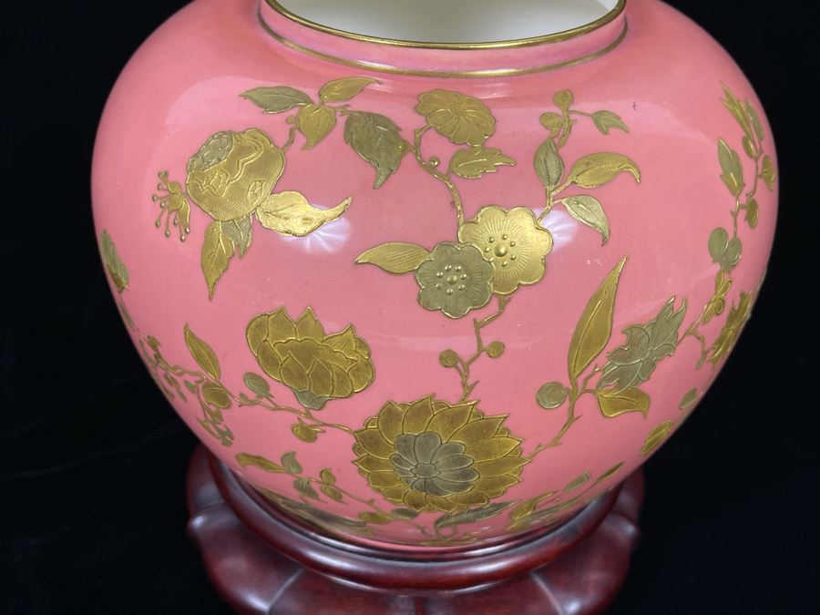 Beautifully Hand Painted Vintage Salmon Porcelain Vase With Gold Floral Decorations On Wooden Chinese Stand By Gilman Collamore & CO Union Square, New York 7W X 6H [Photo 6]