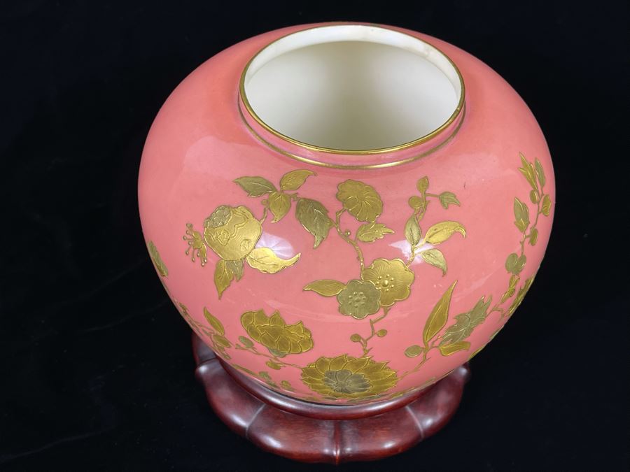 Beautifully Hand Painted Vintage Salmon Porcelain Vase With Gold Floral Decorations On Wooden Chinese Stand By Gilman Collamore & CO Union Square, New York 7W X 6H [Photo 7]